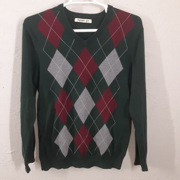 Old Navy V Neck Men's Sweater Pullover Argyle Green Size M Medium Adult - Picture 1 of 6